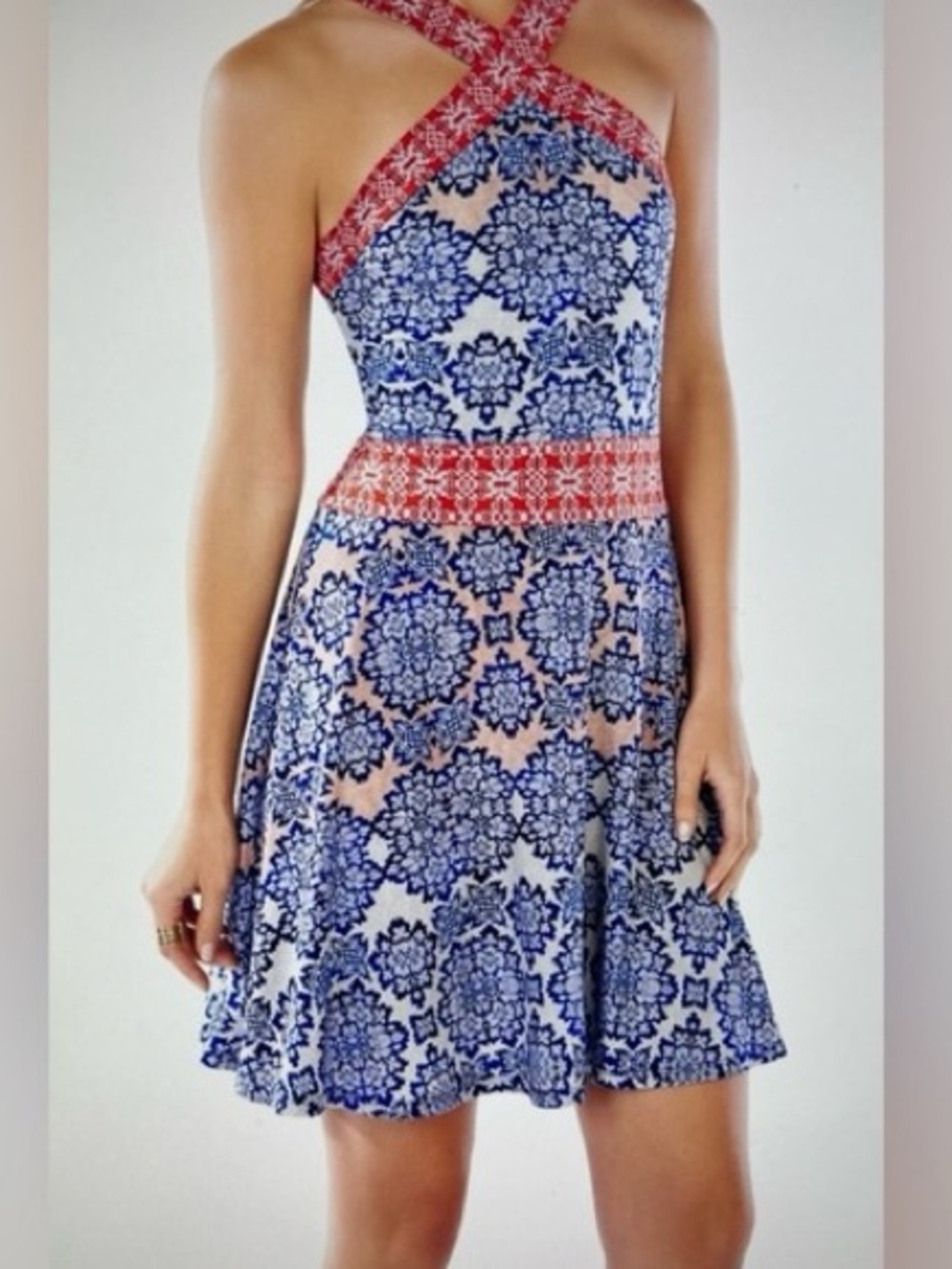 BCBGMaxAzria Blue and Red Printed Halter Mini Dress